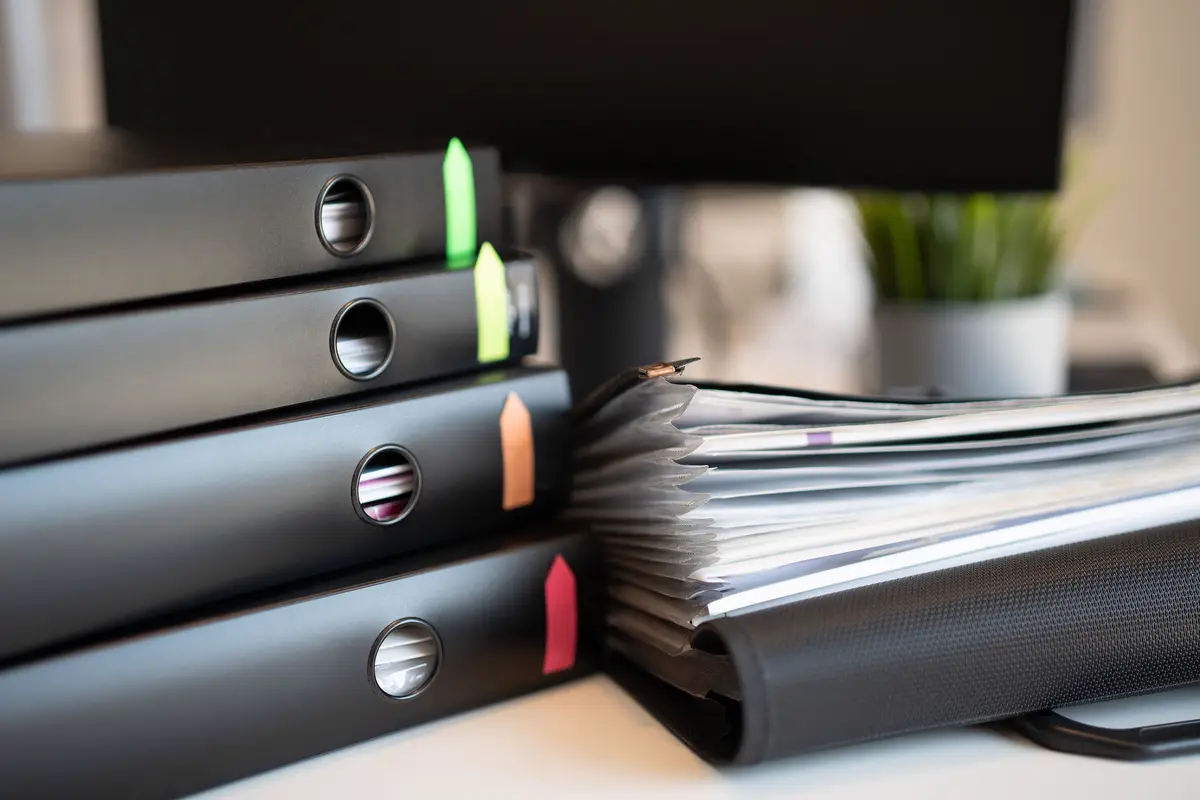 Black ring binders and an open folder filled with papers on an office desk